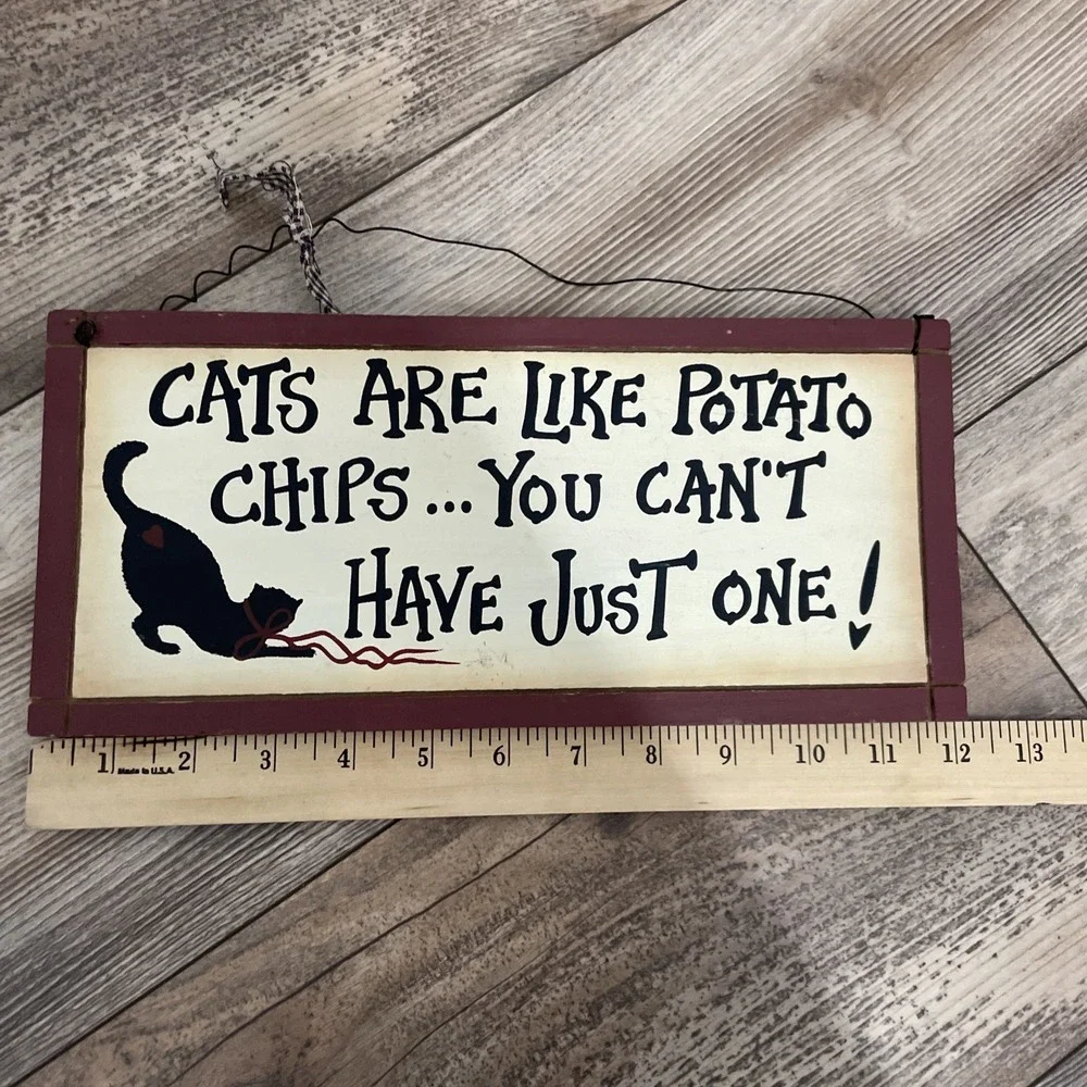 Funny Black Cat  Wooden Sign w/ Wire Hanger.  Pre-Loved In Good Condition 12×5.5